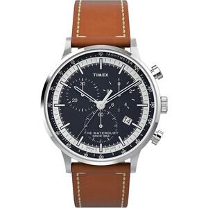 Timex Mens Waterbury Classic Chrono 40mm Stainless Steel Watch w Leather Strap